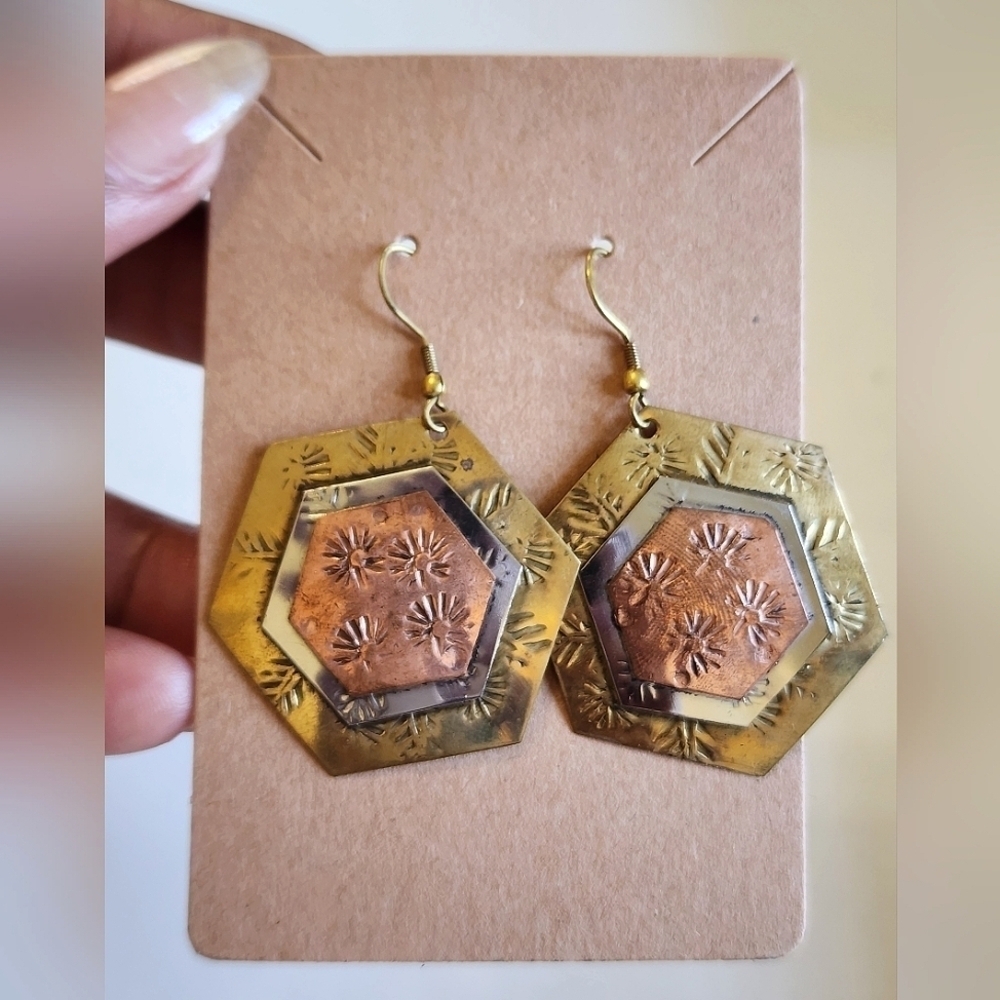 African-Inspired Copper Octagon Shape Hook Earrings